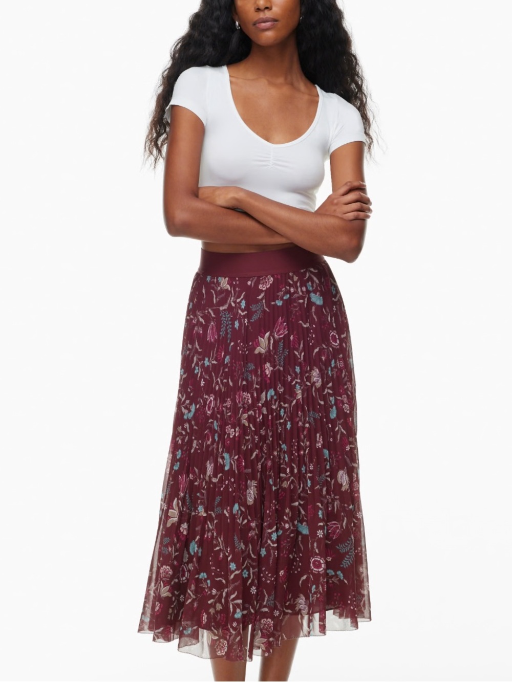 Aritzia Burgundy Floral Pleated twirl Midi Skirt